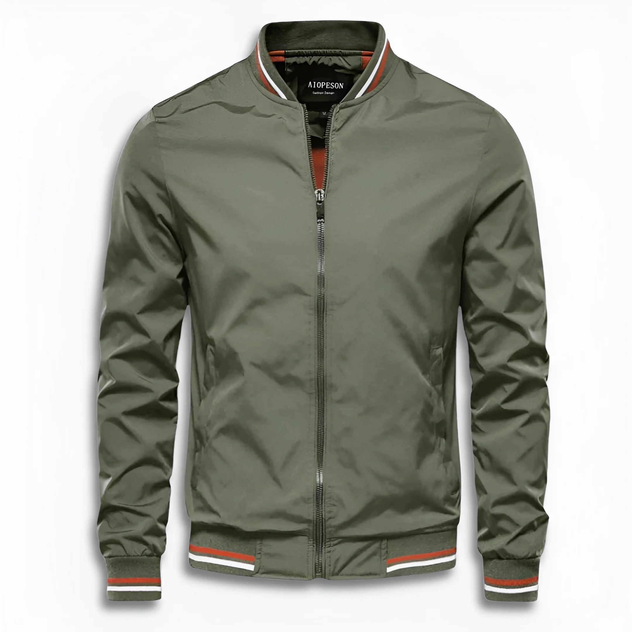 Olive green bomber jacket with striped trim, flat lay product shot | Chaps London