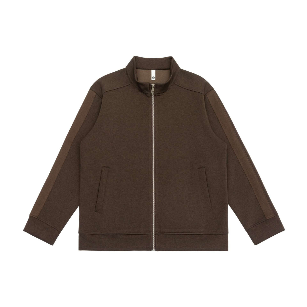Brown stand collar zip jacket with welt pockets, shown flat | Chaps London