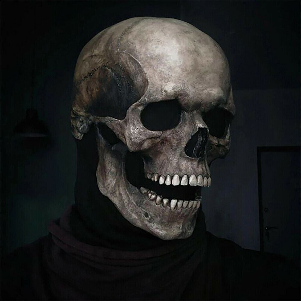 Grey skull mask with movable jaw worn by person indoors | Chaps London