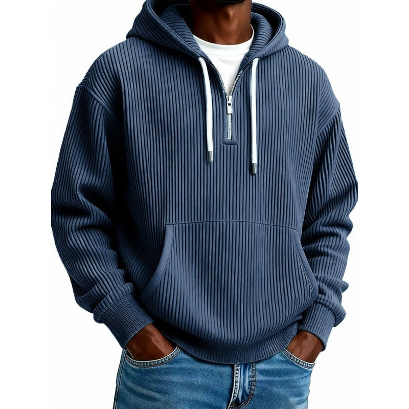 Man wearing navy blue ribbed half-zip hoodie with drawstrings, worn casually | Chaps London