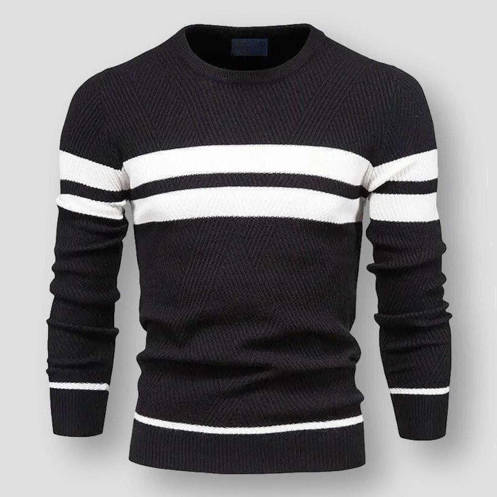 Black knit sweater with white chest stripes, crew neck, long sleeves, mannequin display | Chaps London