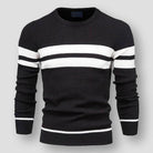 Black knit sweater with white chest stripes, crew neck, long sleeves, mannequin display | Chaps London