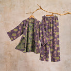 Purple kimono robe and pants set with pumpkin print, hanging display | Chaps London