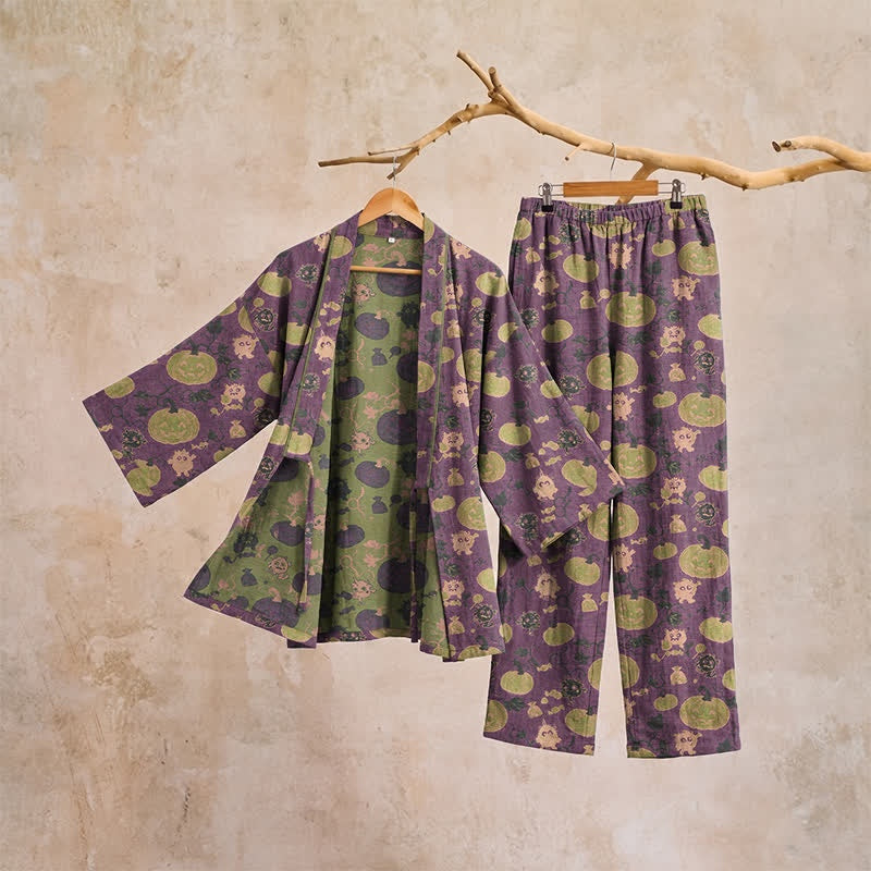 Purple kimono robe and pants set with pumpkin print, hanging display | Chaps London