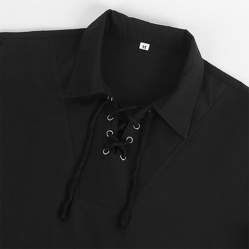 Black lace-up collared shirt close-up, shown flat on mannequin | Chaps London