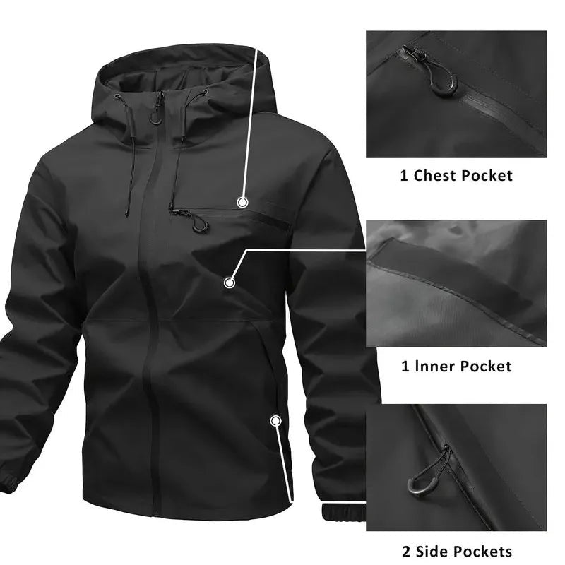 Black hooded rain jacket flat lay with pocket detail close-ups shown | Chaps London