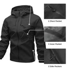 Black hooded rain jacket flat lay with pocket detail close-ups shown | Chaps London