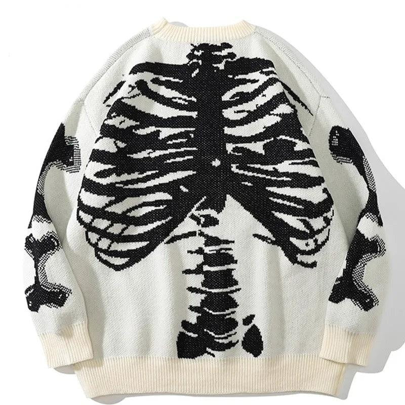Cream knit sweater with black skeleton ribcage print, worn by person, back view | Chaps London