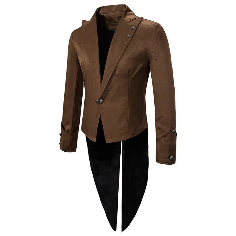 Brown gothic tailcoat jacket with black swallowtail, front view mannequin display | Chaps London