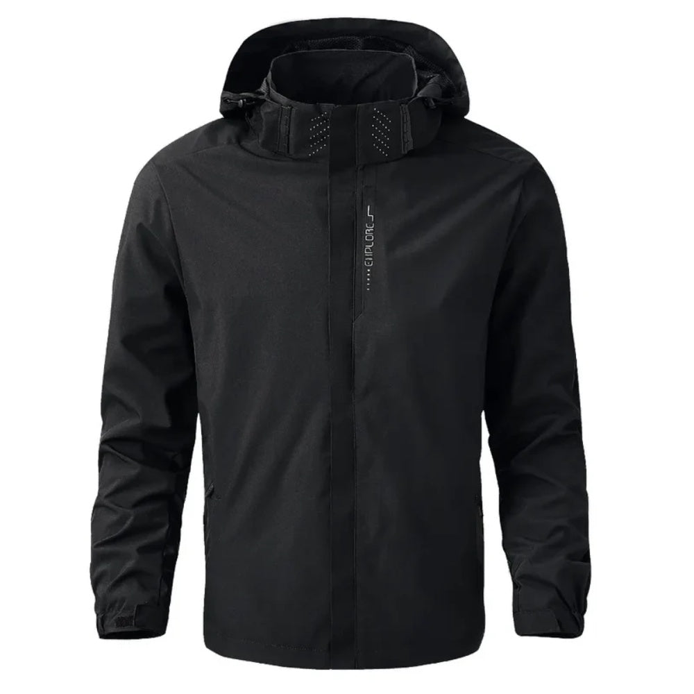 Black hooded waterproof jacket with zip pockets, displayed on mannequin torso | Chaps London