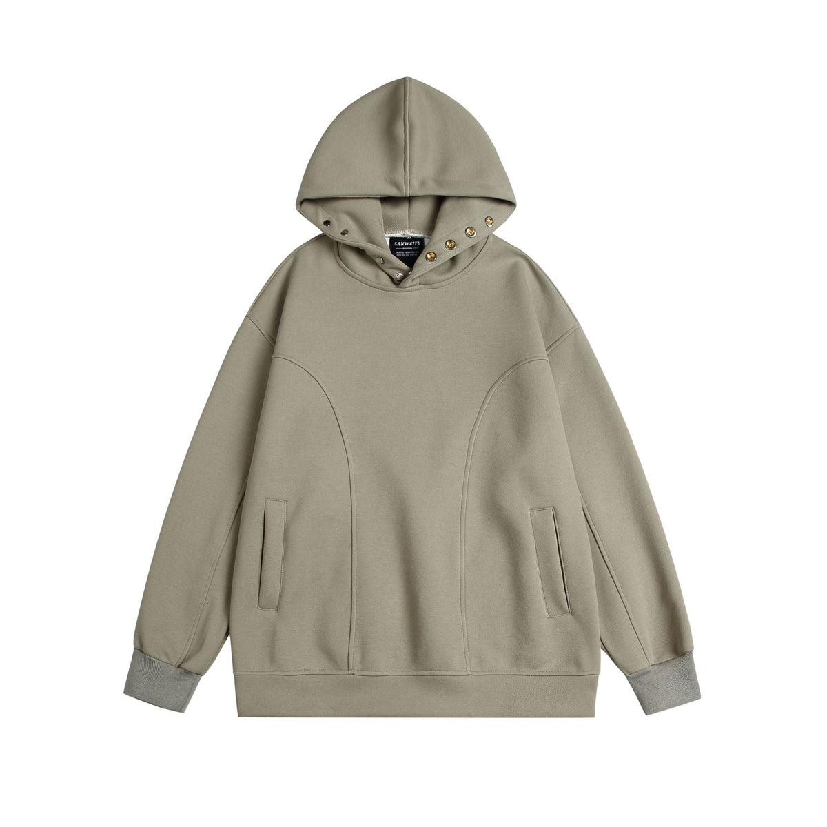 Beige oversized hoodie with snap neck and welt pockets, flat lay | Chaps London
