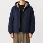 Man wearing navy fleece zip hoodie with sherpa-lined hood, worn outfit | Chaps London