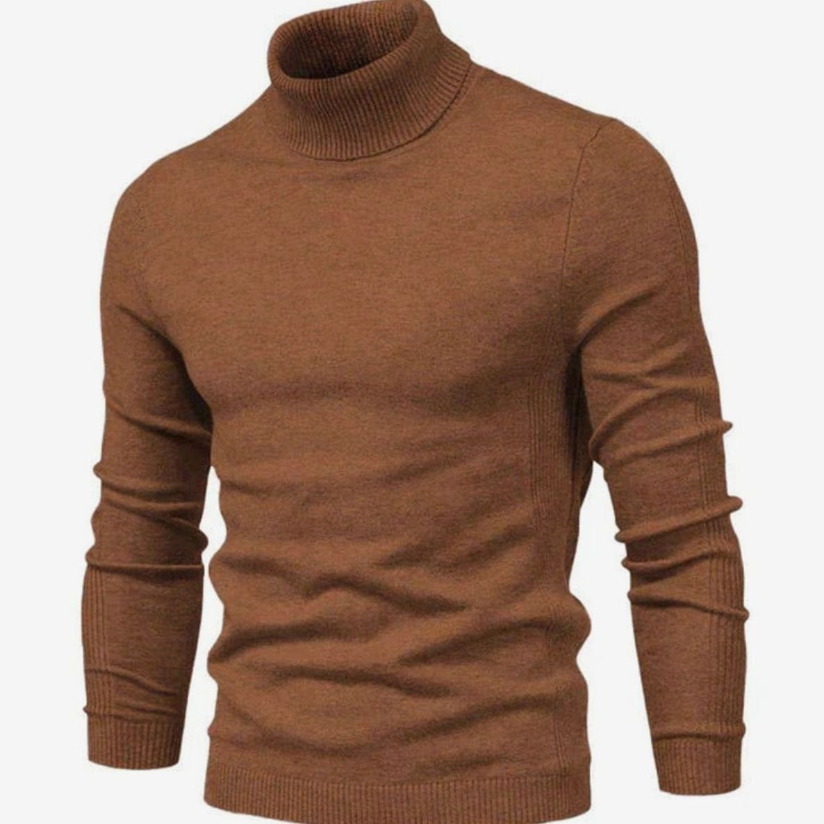 Brown ribbed turtleneck sweater, slim fit, fine knit, worn by model | Chaps London