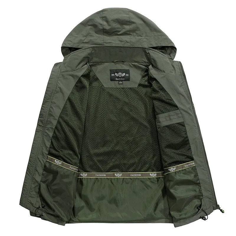 Olive green hooded jacket, unzipped, showing mesh lining, laid flat | Chaps London