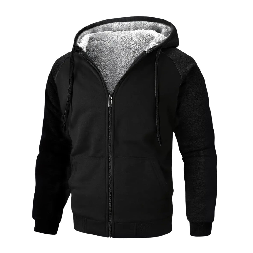 Black zip-up hoodie with contrast sleeves and sherpa-lined hood, shown on mannequin | Chaps London