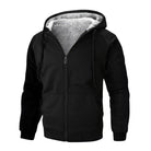 Black zip-up hoodie with contrast sleeves and sherpa-lined hood, shown on mannequin | Chaps London