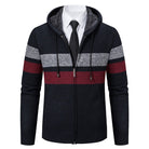 Navy zip hoodie with grey and red stripes, shown on mannequin with tie | Chaps London
