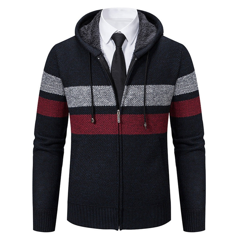 Navy zip hoodie with grey and red stripes, shown on mannequin with tie | Chaps London