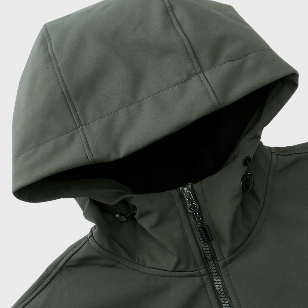 Dark olive green softshell jacket with hood, worn, close-up detail shot | Chaps London