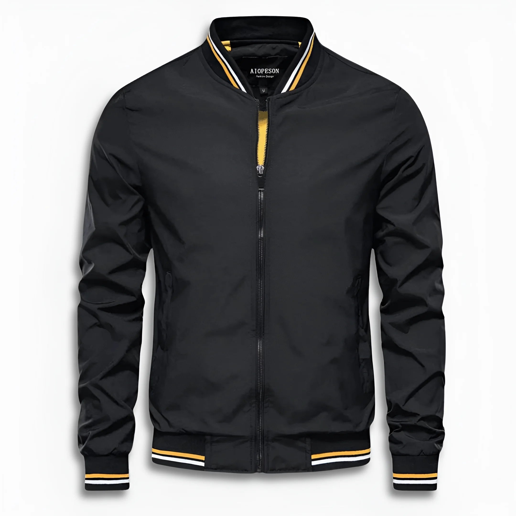 Black bomber jacket with striped rib trim, zipped, shown flat on background | Chaps London