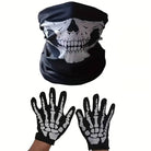 Black skull print face mask with matching skeleton gloves worn on hand | Chaps London