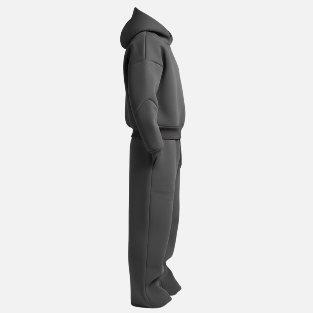 Dark gray oversized hoodie tracksuit with wide leg joggers, side profile mannequin view | Chaps London