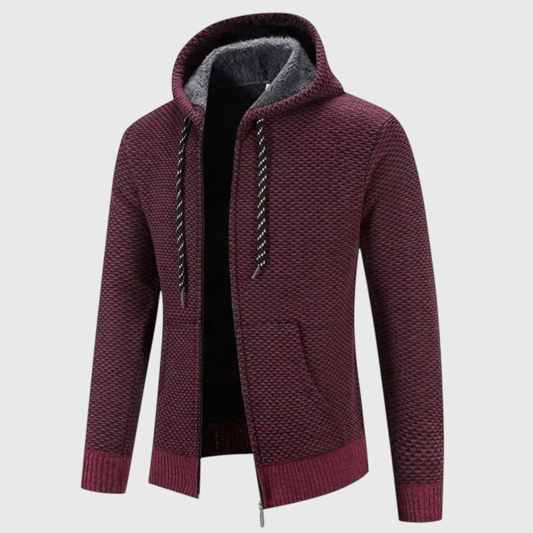 Maroon knitted zip-up hoodie with lined hood, shown on mannequin | Chaps London