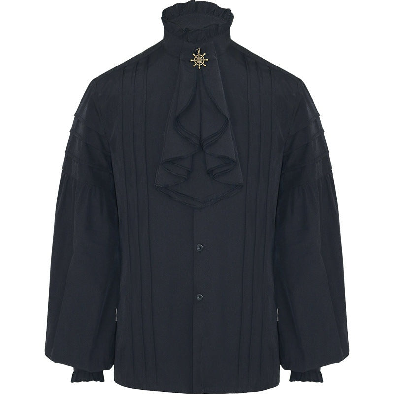 Black ruffled Victorian-style shirt with standing collar and jabot detail, worn by model | Chaps London