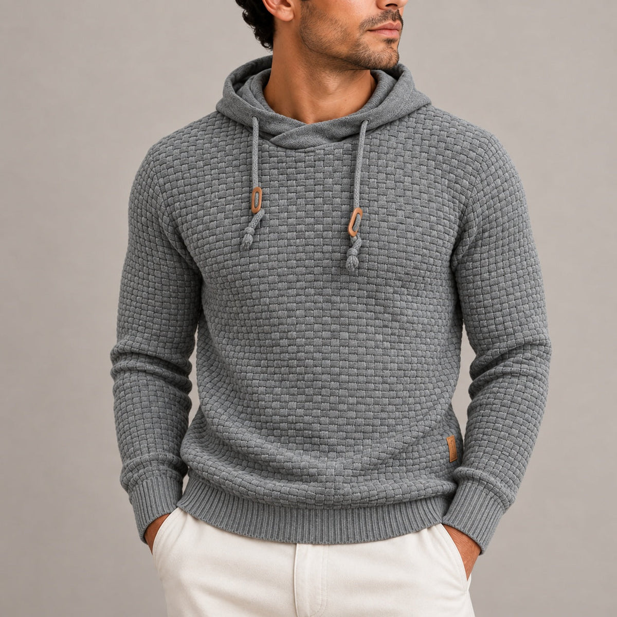 Gray basket weave knit hoodie with wooden toggle drawstrings, worn by man | Chaps London