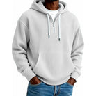 White ribbed half-zip hoodie worn by man with jeans | Chaps London
