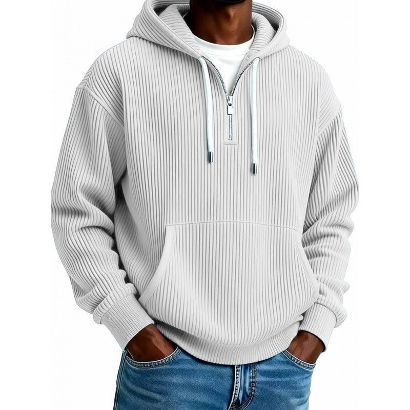 White ribbed half-zip hoodie worn by man with jeans | Chaps London