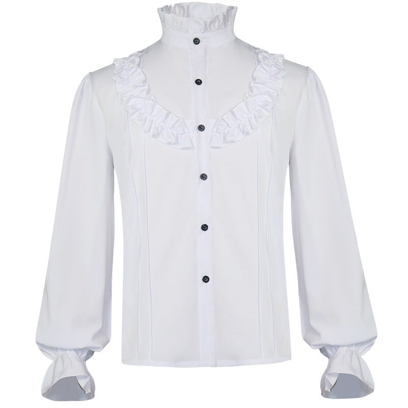 White ruffled high-collar shirt with black buttons and bishop sleeves, worn by model | Chaps London
