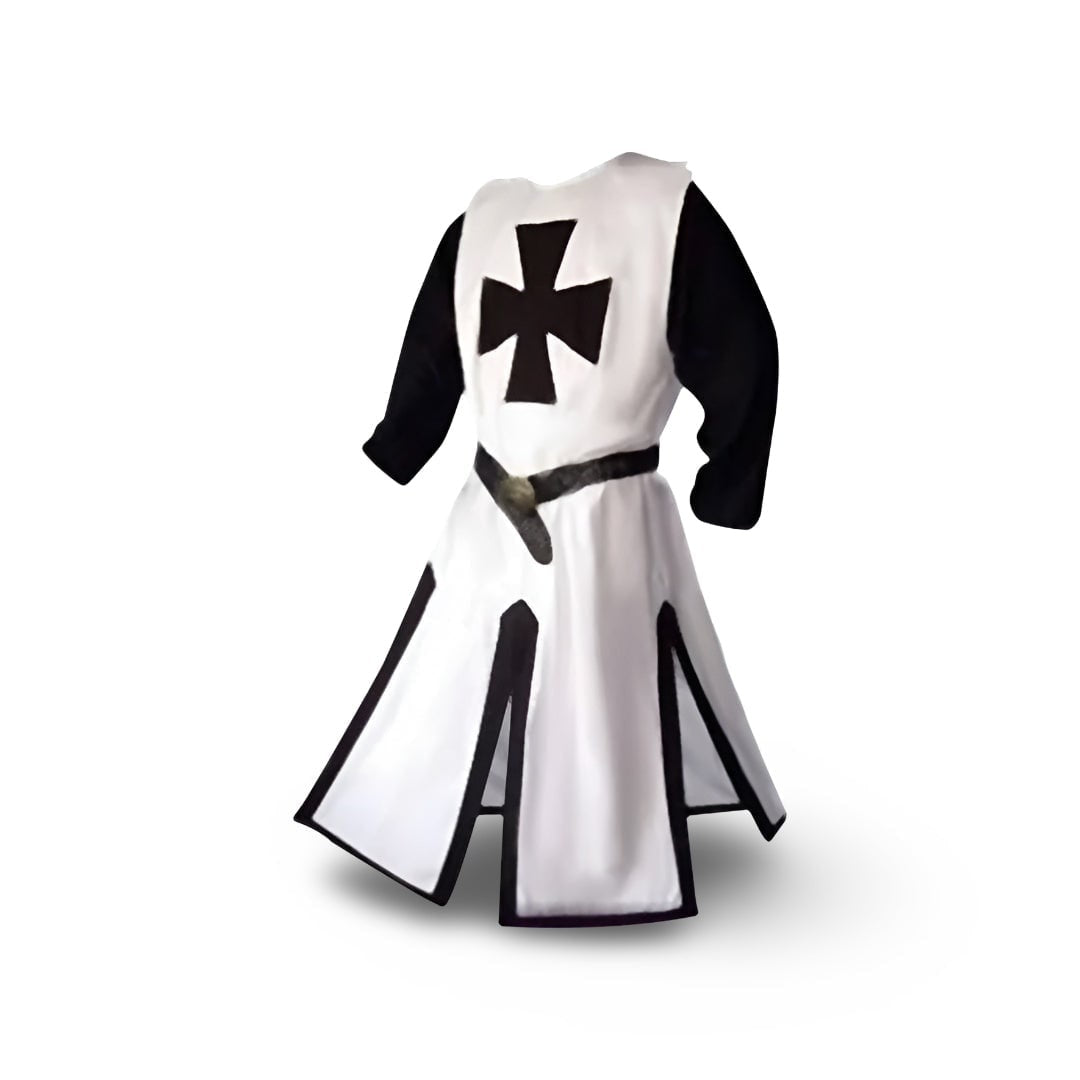 White tunic with black cross, belt, black sleeves, shown on mannequin | Chaps London