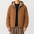 Camel brown fleece zip hoodie with teddy lined hood, worn by man | Chaps London