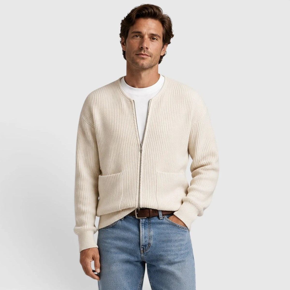 Man wearing cream ribbed knit zip cardigan with jeans and white shirt | Chaps London