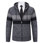 Gray striped knitted zip hoodie with hood, worn over shirt and tie | Chaps London