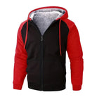 Black and red zip-up hoodie with sherpa-lined hood, worn by a person | Chaps London
