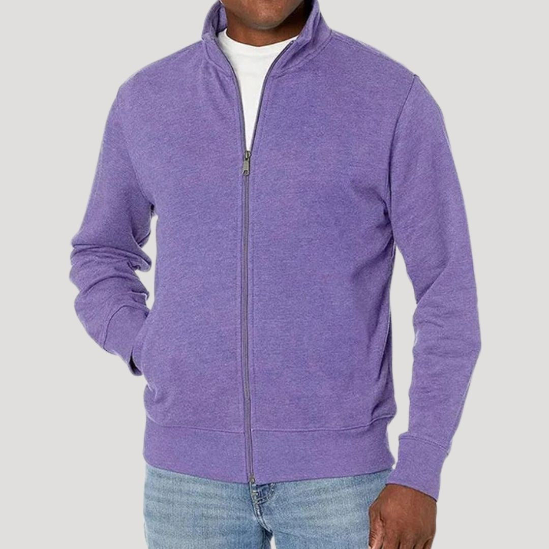 Man wearing purple heathered full-zip jacket with stand collar, worn casually outdoors | Chaps London