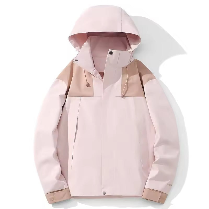 Pink hooded jacket with tan color-block accents, shown flat on white background | Chaps London