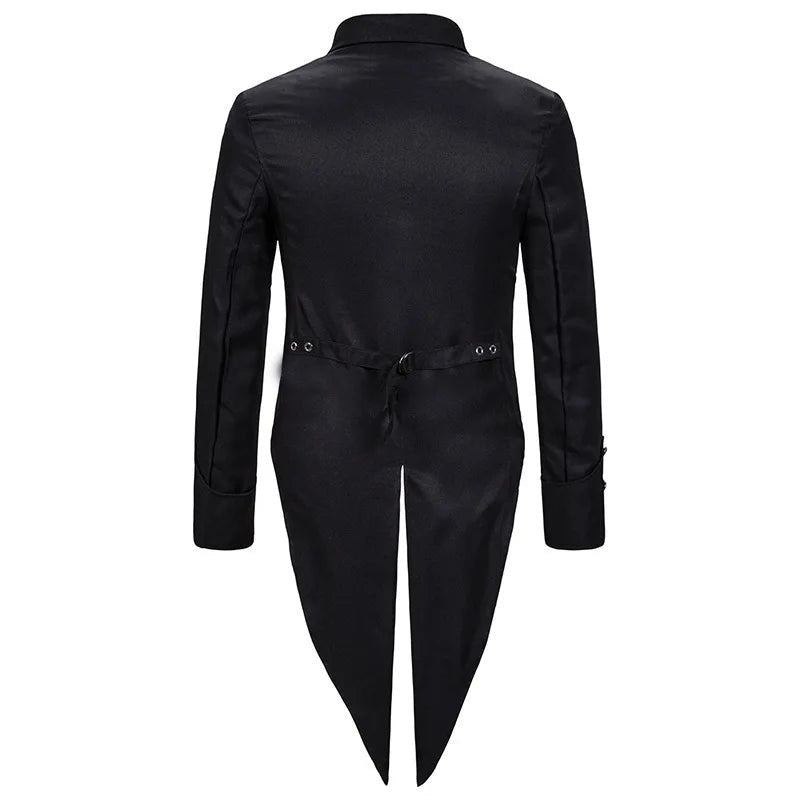 Black swallowtail gothic jacket back view, worn by person, drawstring waist detail | Chaps London