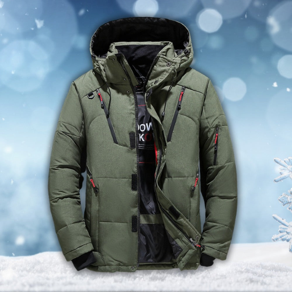 Olive green padded winter jacket with detachable hood, shown front-facing unworn | Chaps London