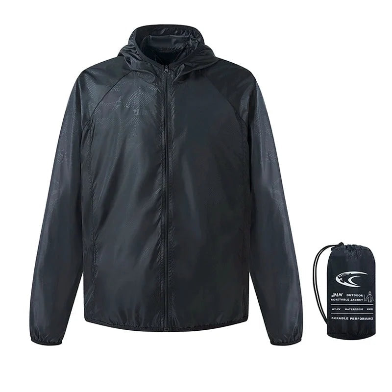 Black hooded windbreaker jacket with matching pouch, flat lay display | Chaps London