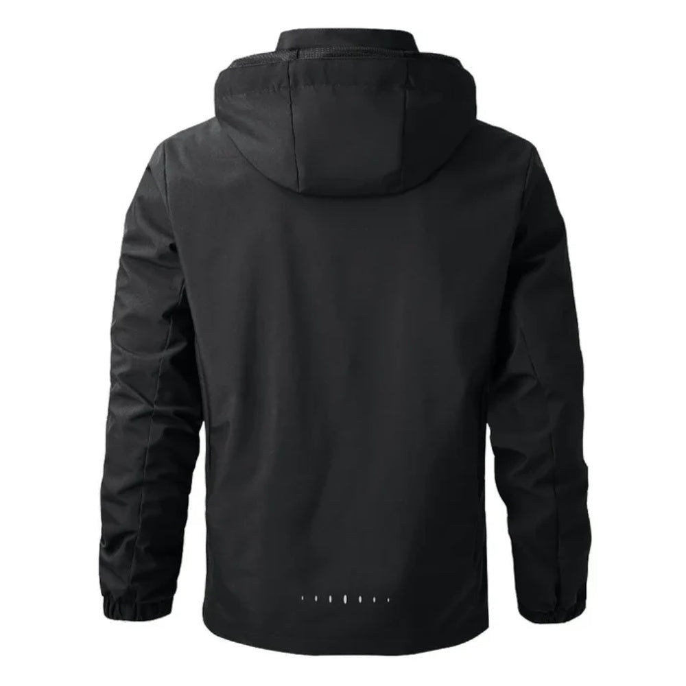 Black hooded jacket with zip pockets, shown from behind on mannequin | Chaps London