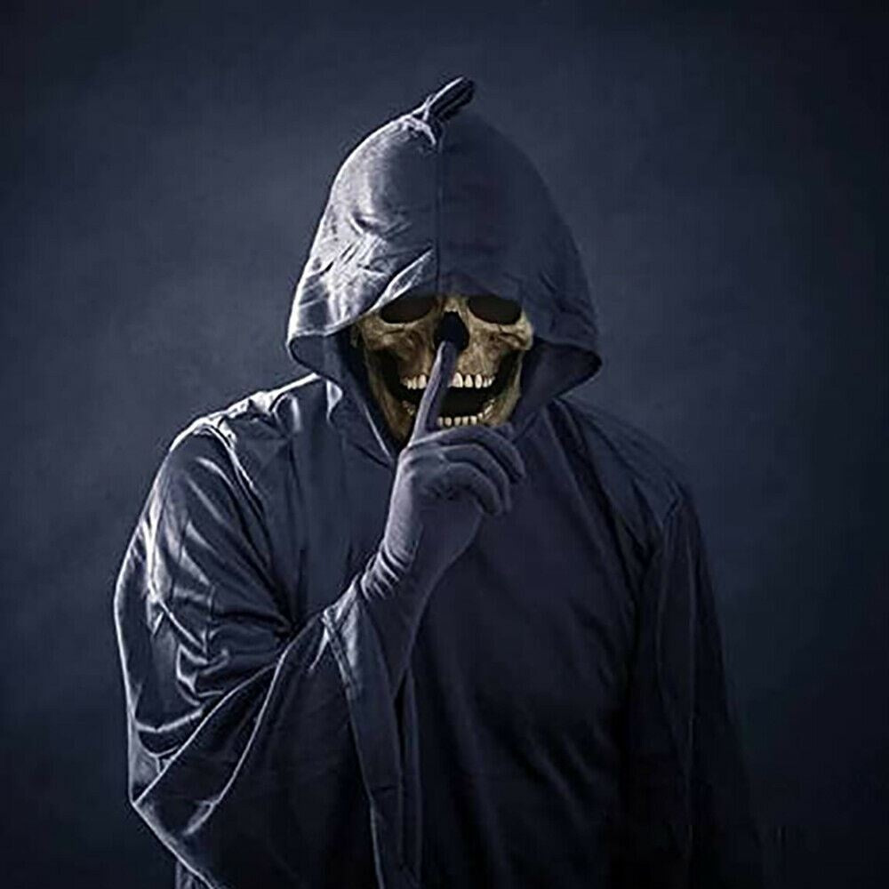 Grey skull mask with hood worn by person, finger raised | Chaps London