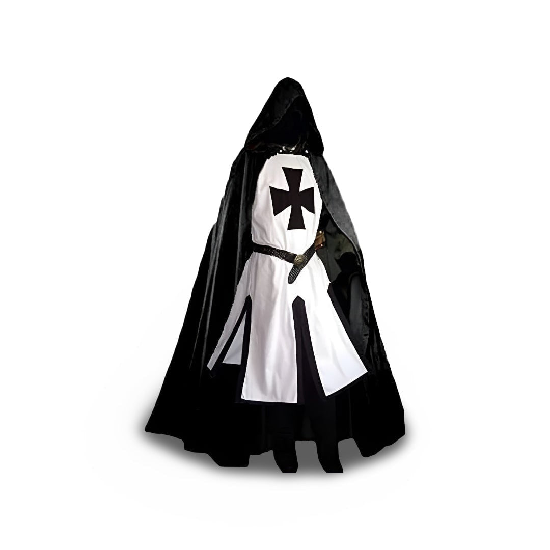 Black hooded cloak with white tunic and cross on mannequin | Chaps London