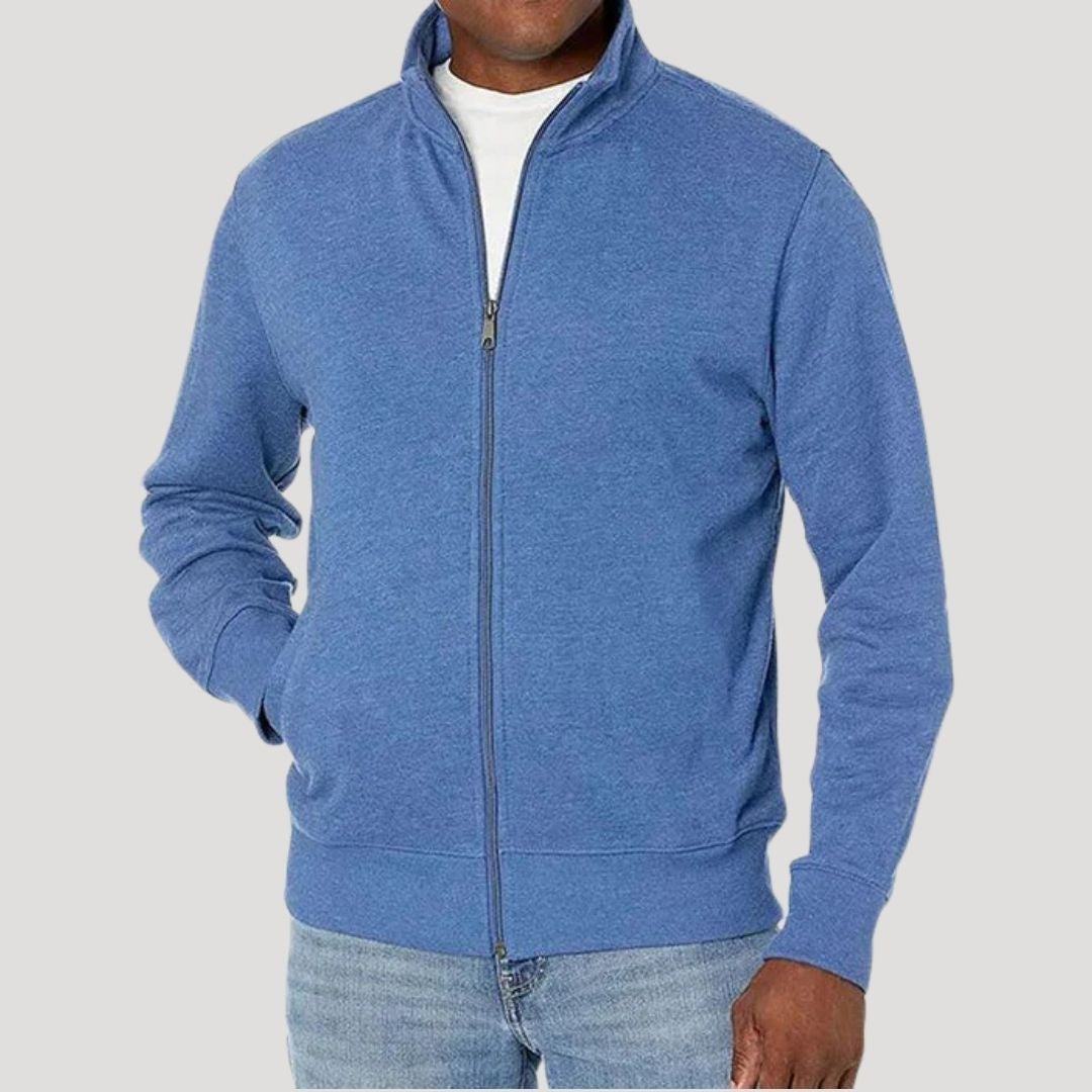 Man wearing heather blue full-zip fleece jacket with stand collar, worn casually | Chaps London