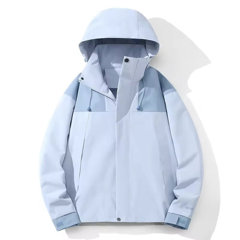 Light blue hooded jacket with grey panels, shown on invisible mannequin form | Chaps London
