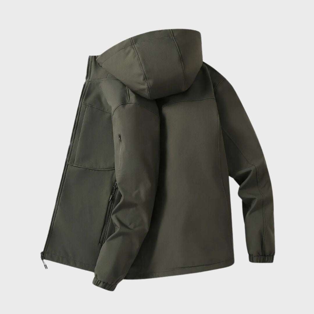 Olive green hooded softshell jacket with zip pockets, shown flat, back view | Chaps London