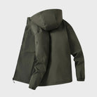 Olive green hooded softshell jacket with zip pockets, shown flat, back view | Chaps London