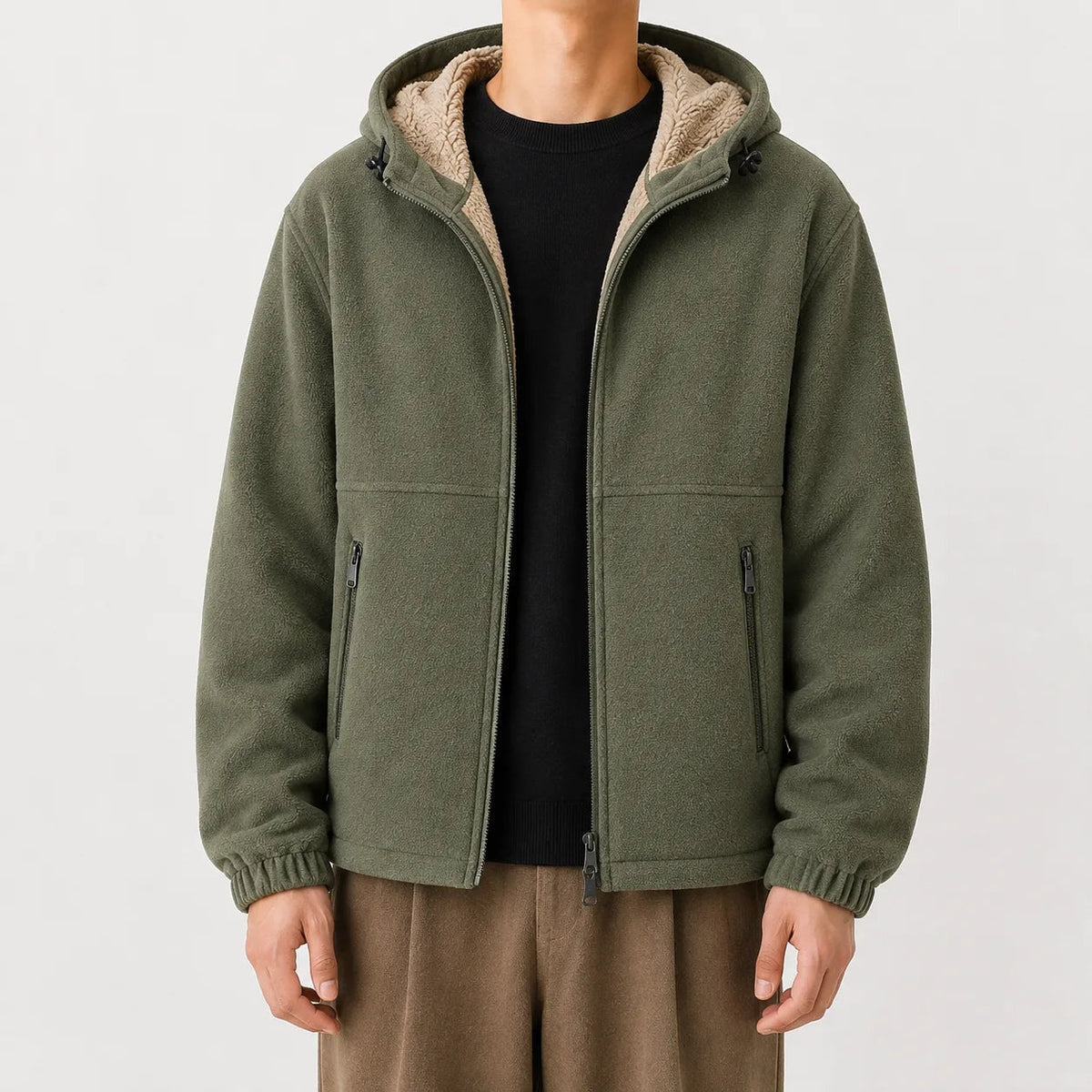 Man wearing olive green fleece zip hoodie with sherpa lining, worn open | Chaps London